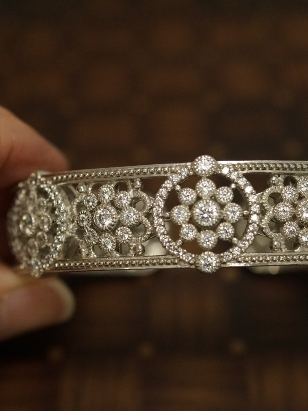 Judith Ripka 925 Diamonique CZ Floral Hinged Bangle Bracelet QVC USED Size Large